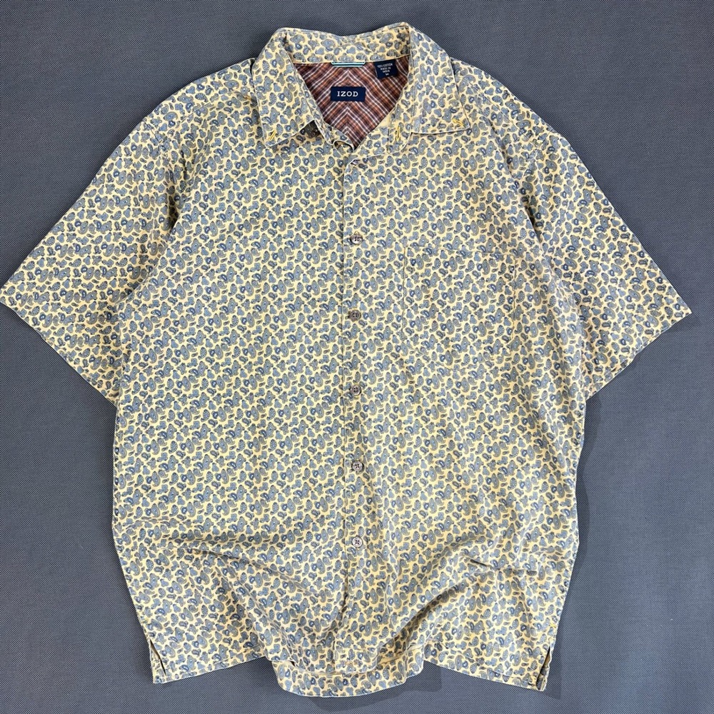 IZOD Y2K Mens Paisley Short Sleeve Button Down Shirt Tan Blue Cotton Size M